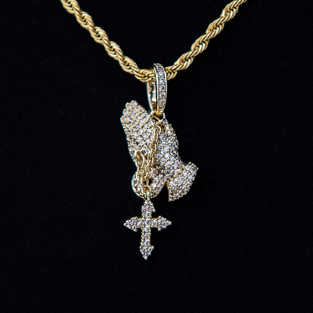 GLD PROMO Micro Iced Praying Hands with Cross Pendant in Yellow Gold