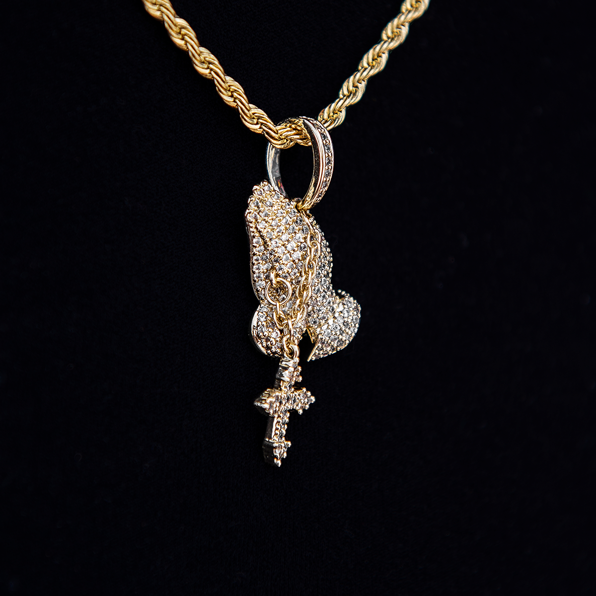 GLD Women Micro Iced Praying Hands with Cross Pendant in Yellow Gold