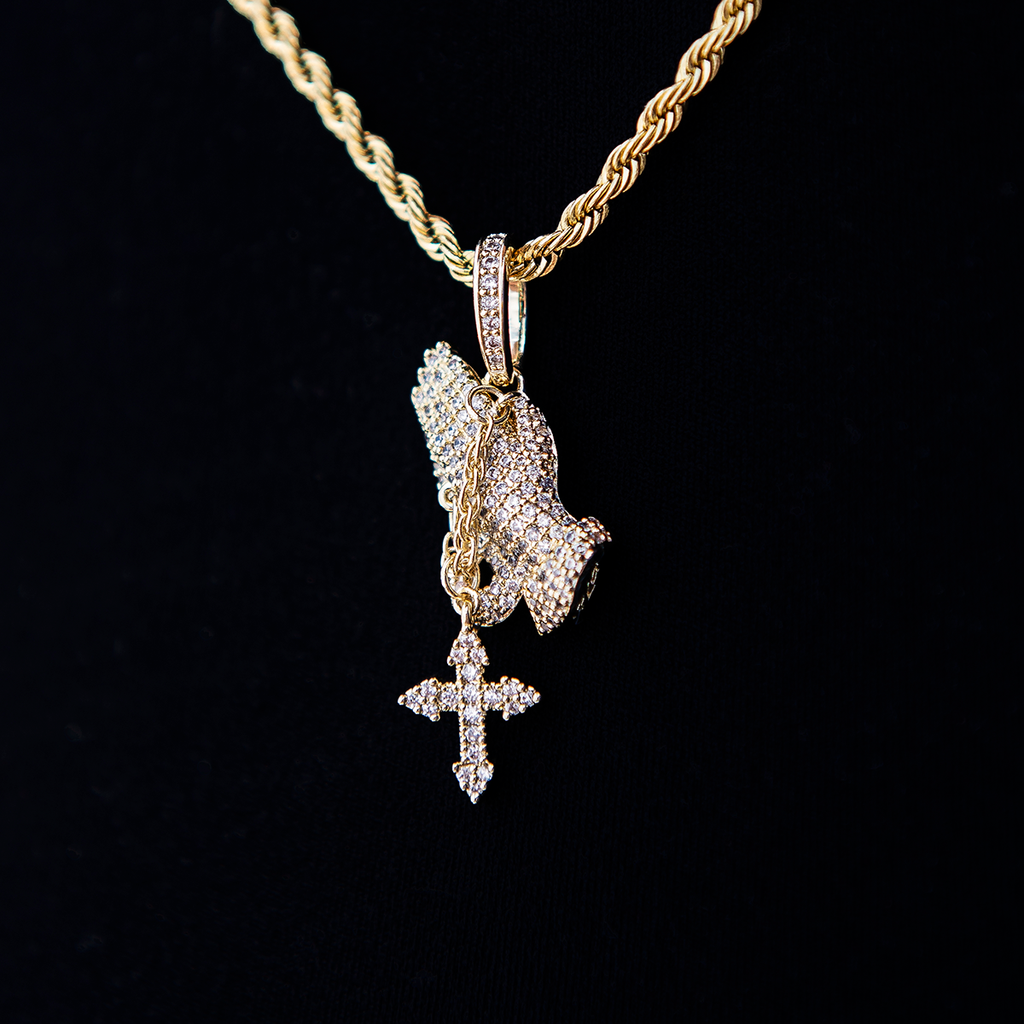 GLD Men Micro Iced Praying Hands with Cross Pendant in Yellow Gold