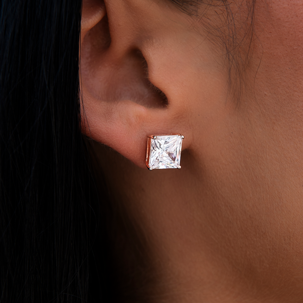 GLD Women 8MM Square Cut Diamond Stud Earrings - Rose Gold