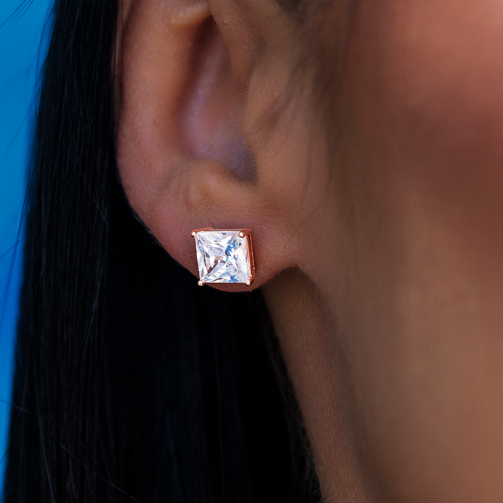GLD PROMO - WOMEN 7MM Square Cut Diamond Stud Earrings - Rose Gold