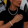 GLD Women 5mm Diamond Tennis Necklace + Bracelet + 8mm Round Cut Stud Earring Bundle in Yellow Gold
