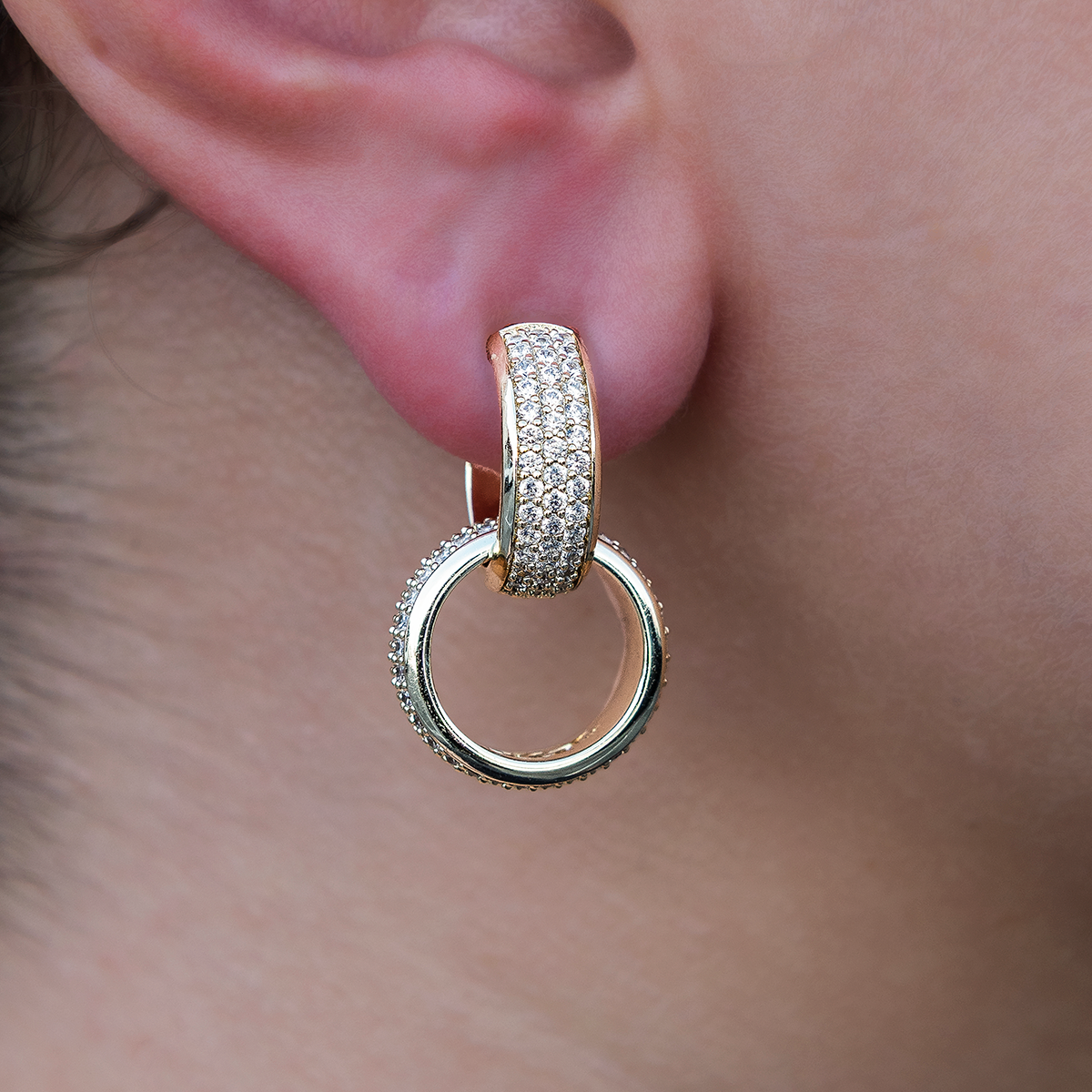 GLD Women Diamond Double Hoop Drop Earrings in Yellow Gold