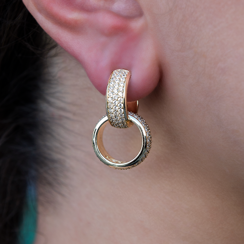 GLD Women Diamond Double Hoop Drop Earrings in Yellow Gold