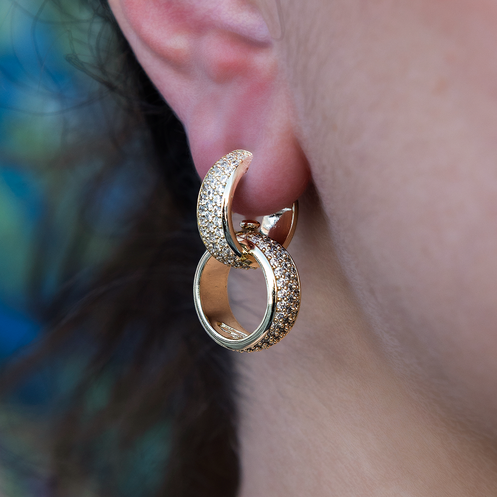 GLD Women Diamond Double Hoop Drop Earrings in Yellow Gold