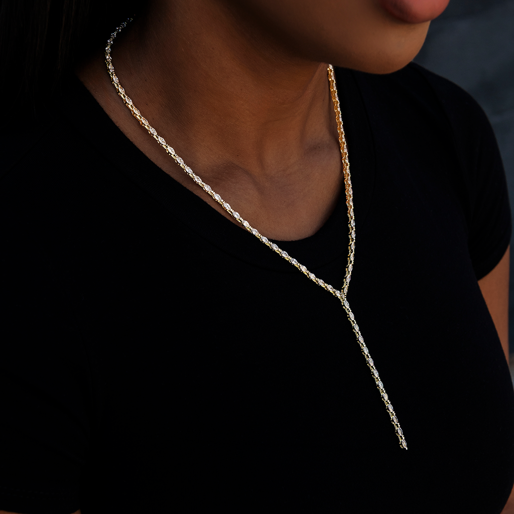 GLD Women Diamond Marquise Stone Lariat Necklace in Yellow Gold