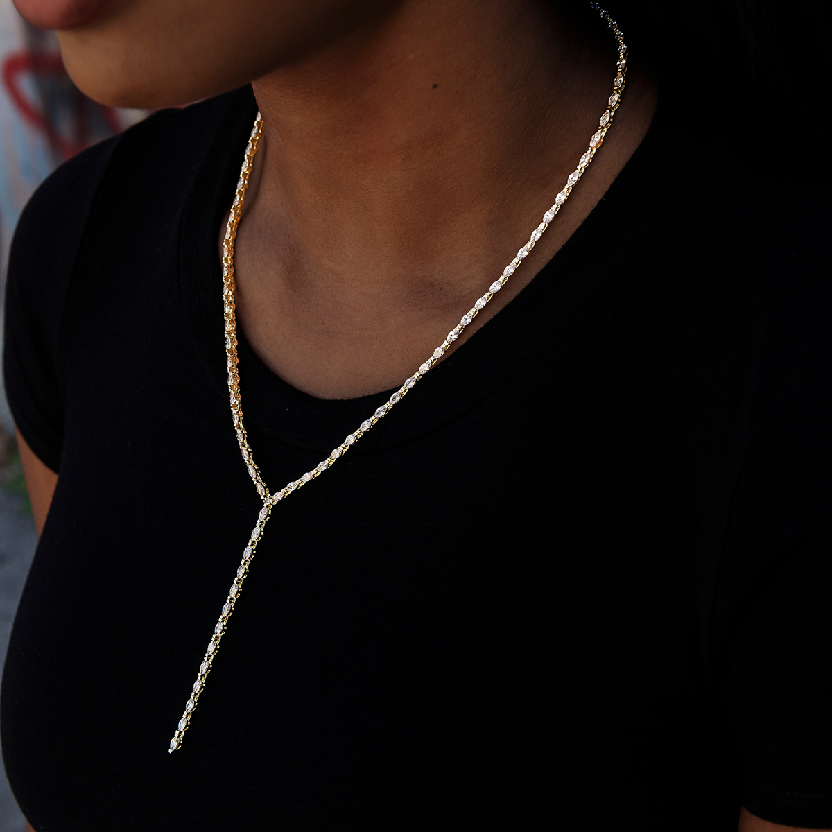GLD Women Diamond Marquise Stone Lariat Necklace in Yellow Gold
