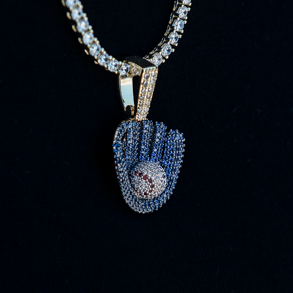 GLD Youth Iced Navy Baseball Pendant in Yellow Gold