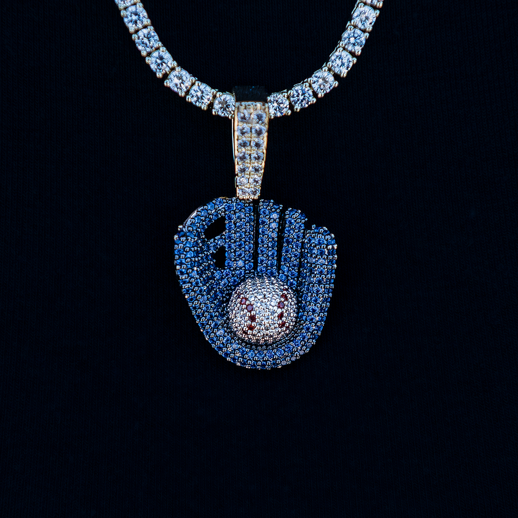 GLD Youth Iced Navy Baseball Pendant in Yellow Gold