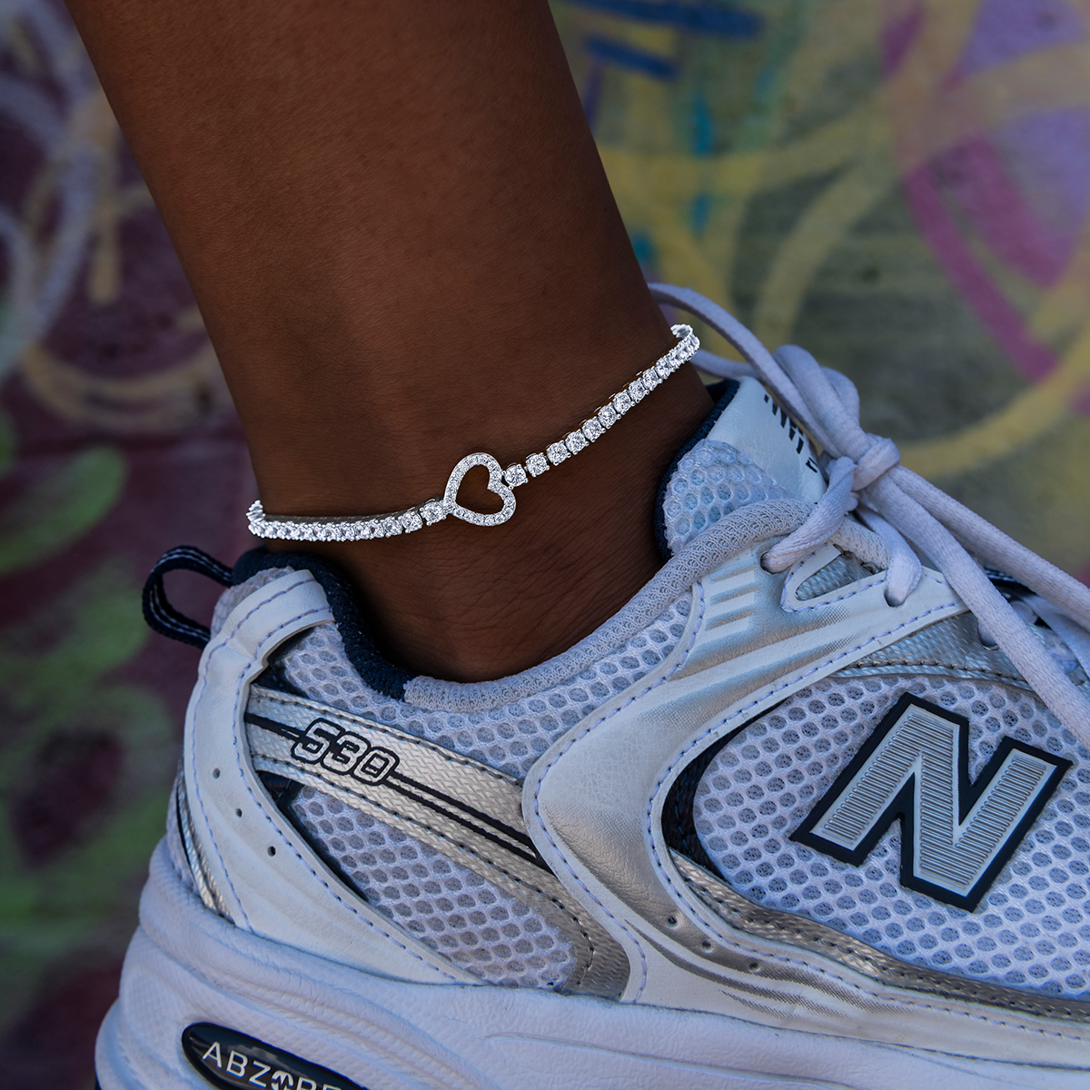 GLD PROMO - WOMEN Heart Tennis Anklet in White Gold- 3mm