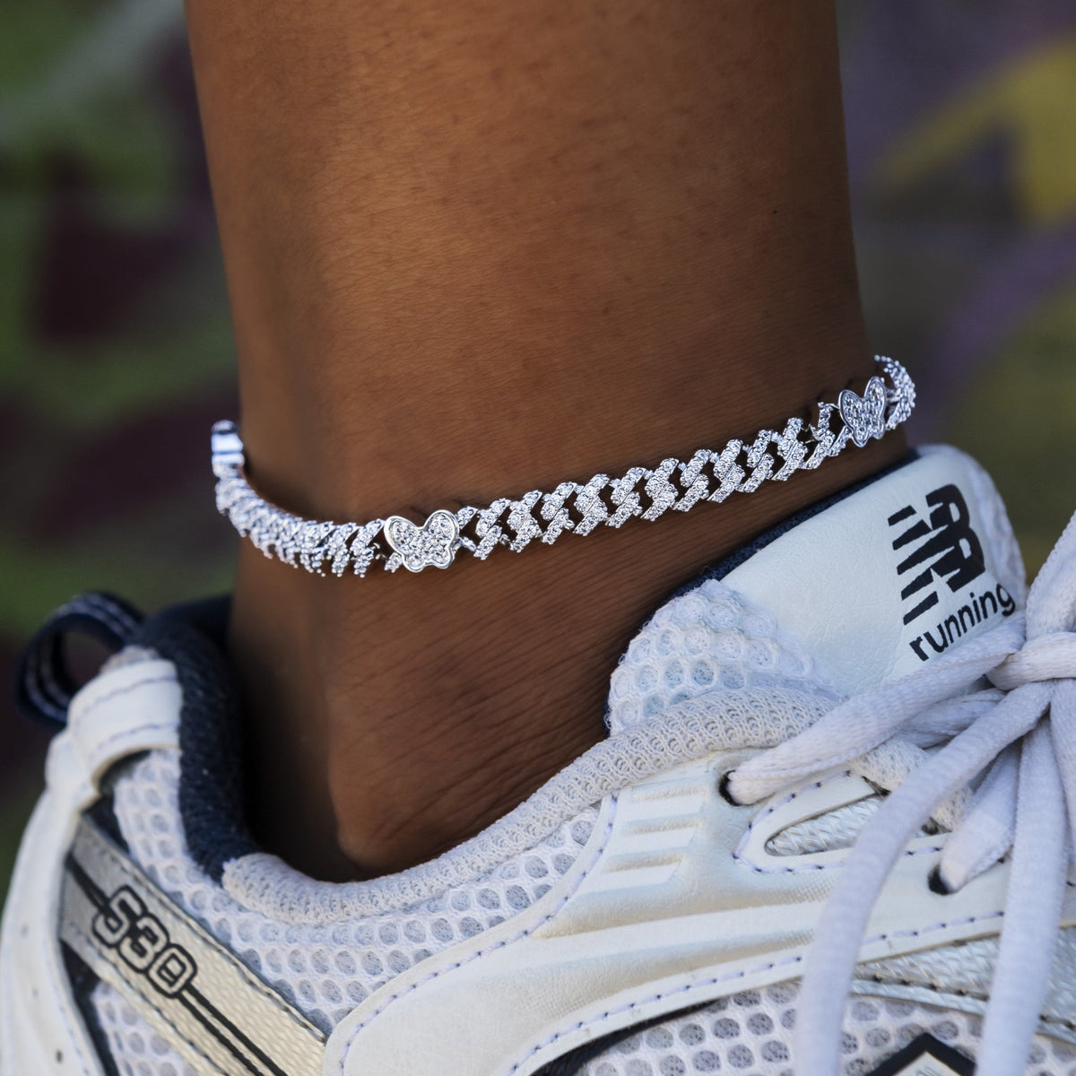 GLD Women Butterfly Diamond Prong Cuban Anklet in White Gold