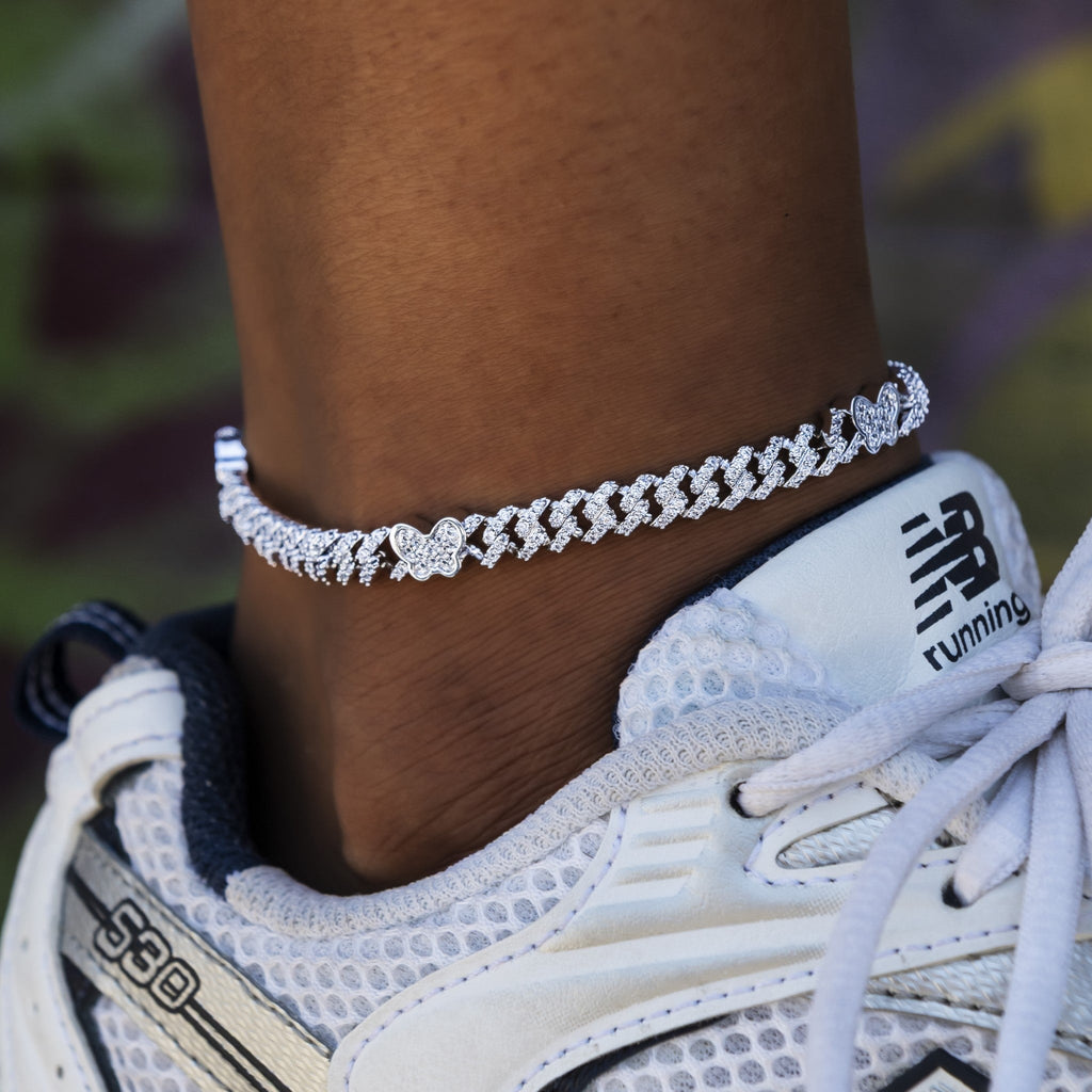 GLD PROMO - WOMEN Butterfly Diamond Prong Cuban Anklet in White Gold