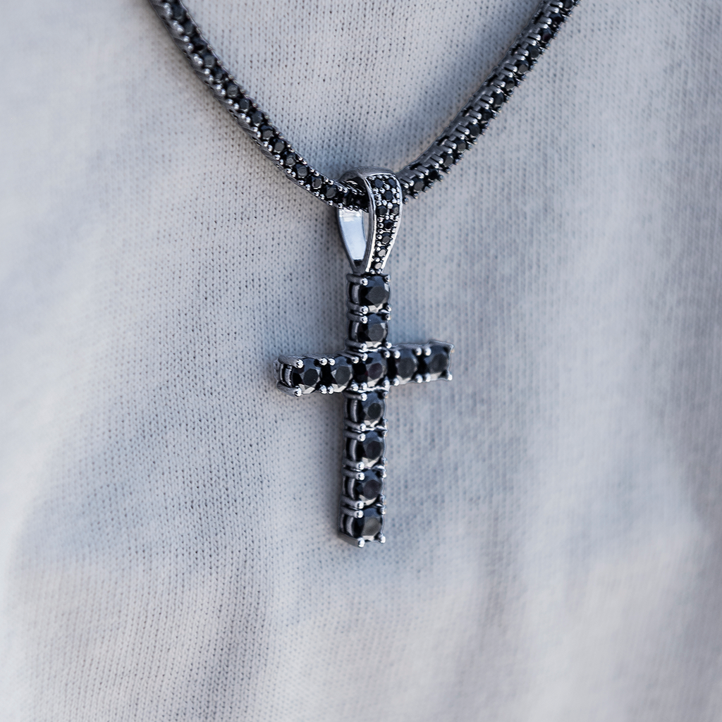 GLD Women Black Stone Diamond Cross Pendant in Black