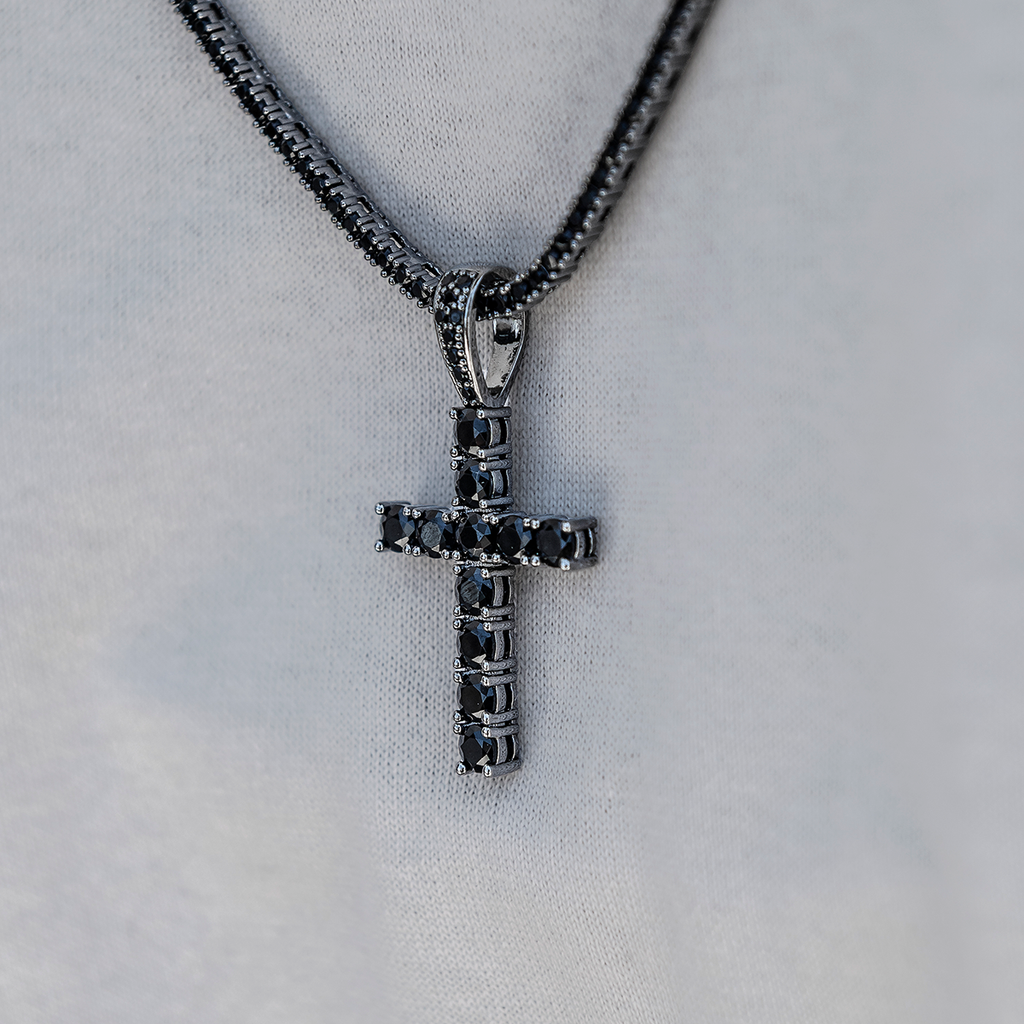 GLD Women Black Stone Diamond Cross Pendant in Black