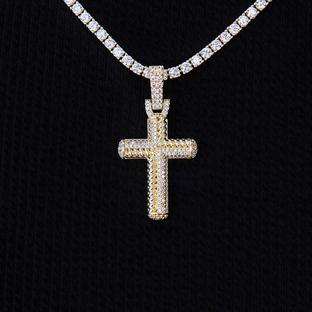 GLD Women Iced Rope Mix Cross Pendant in Yellow Gold
