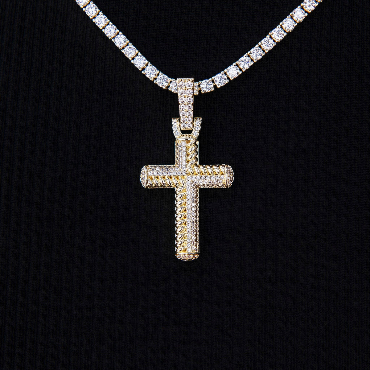 GLD Women Iced Rope Mix Cross Pendant in Yellow Gold