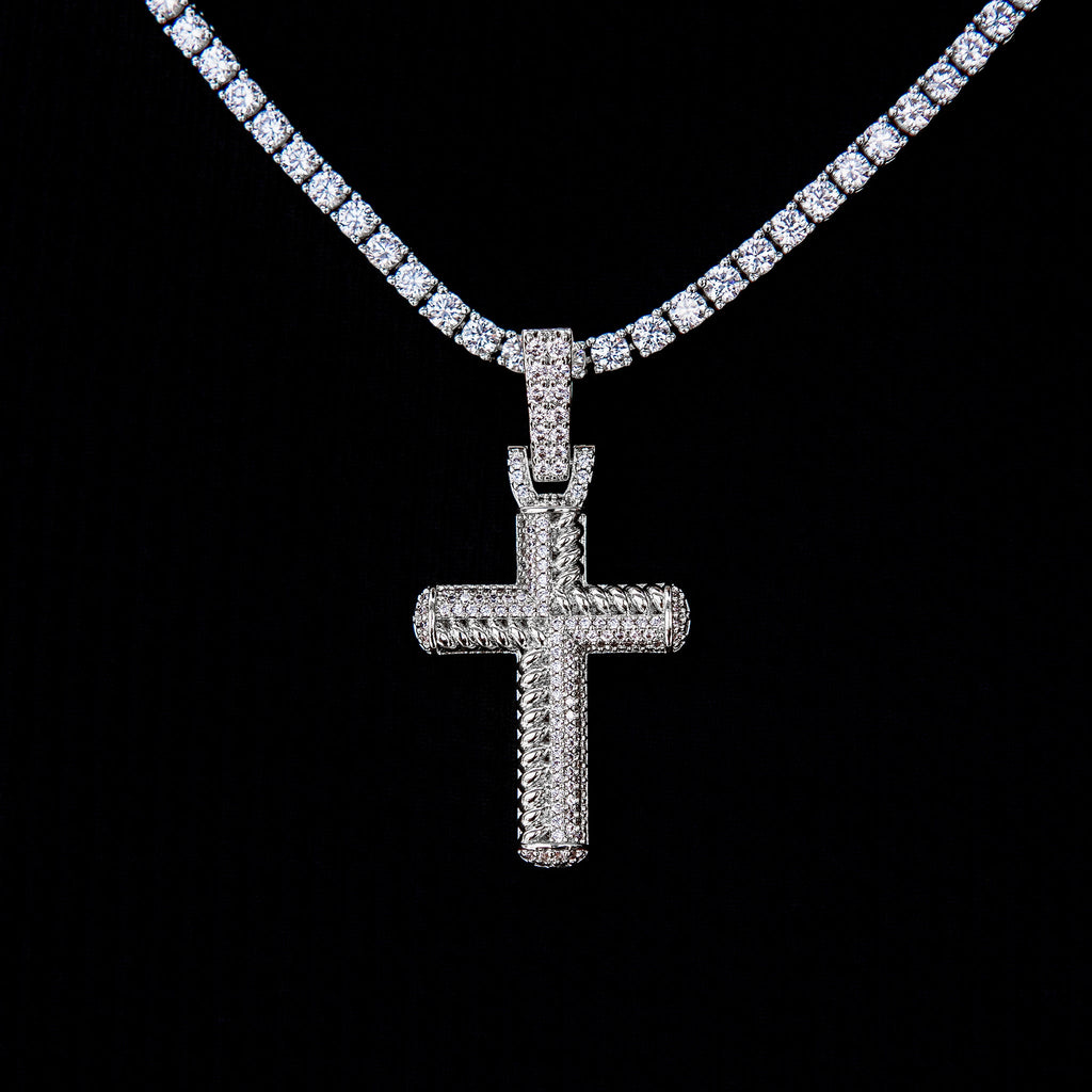 GLD Women Iced Rope Mix Cross Pendant in White Gold