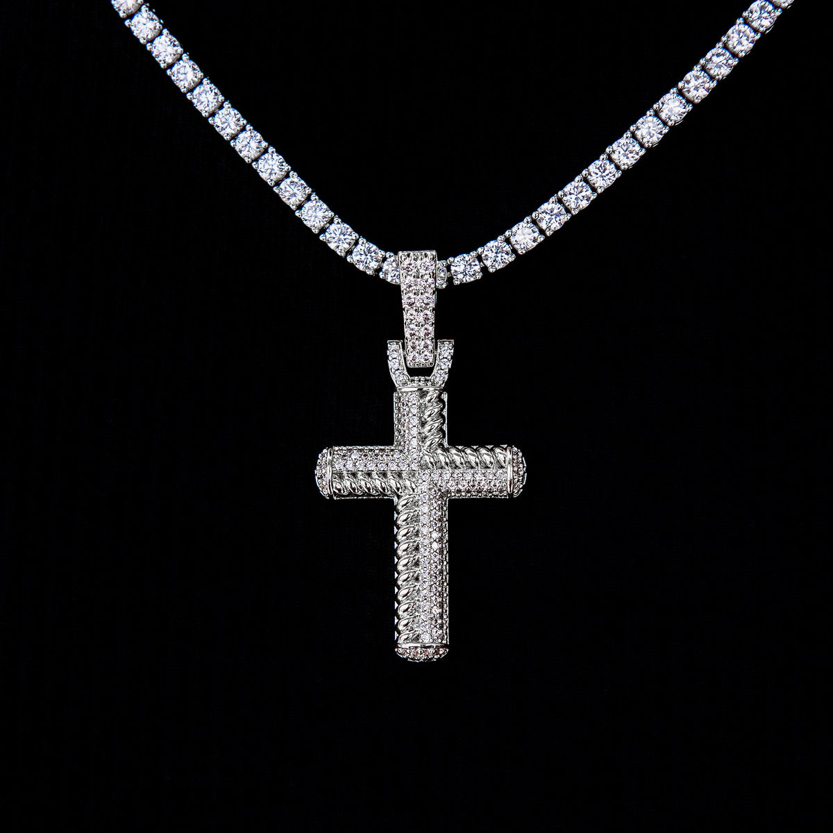 GLD Women Iced Rope Mix Cross Pendant in White Gold