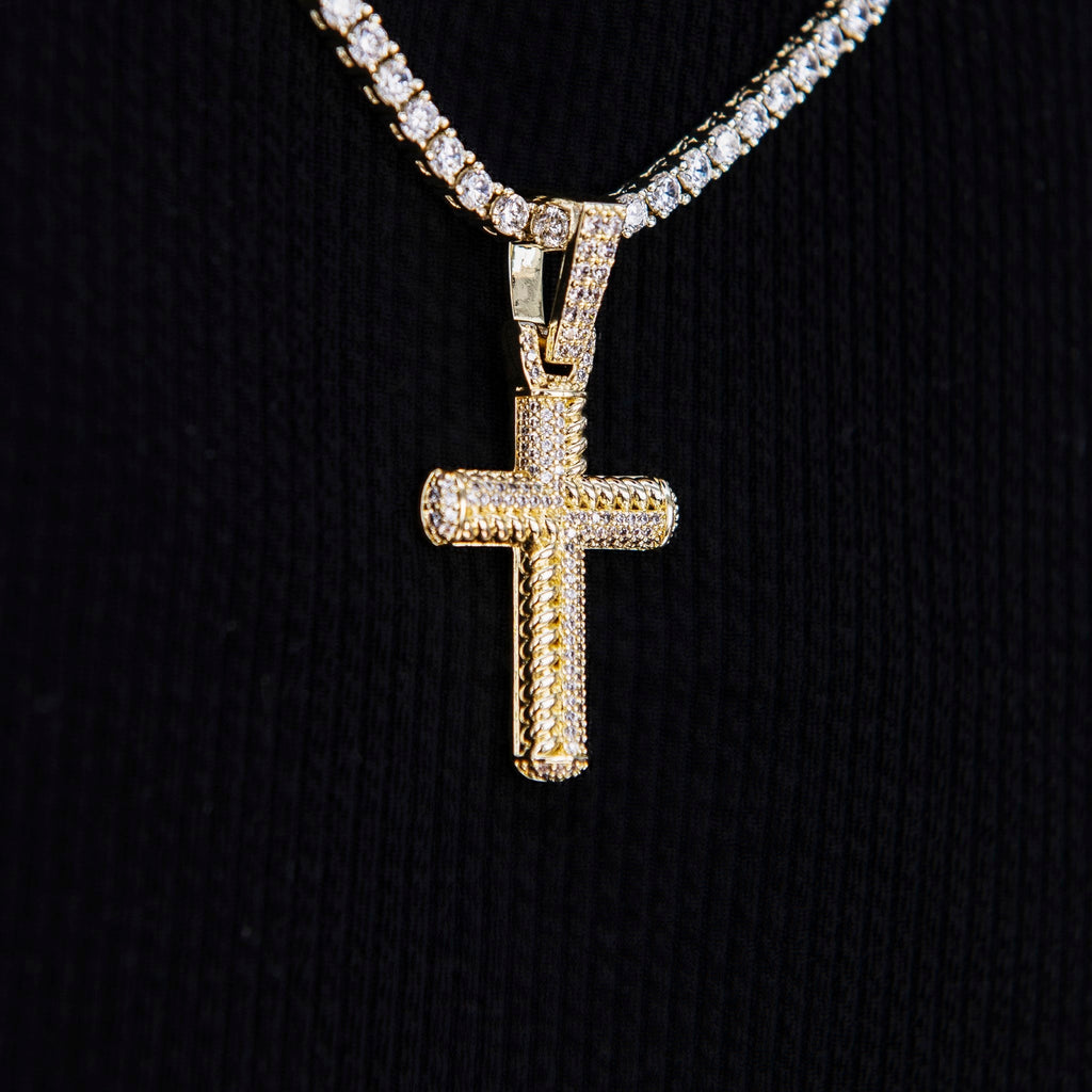 GLD Women Iced Rope Mix Cross Pendant in Yellow Gold
