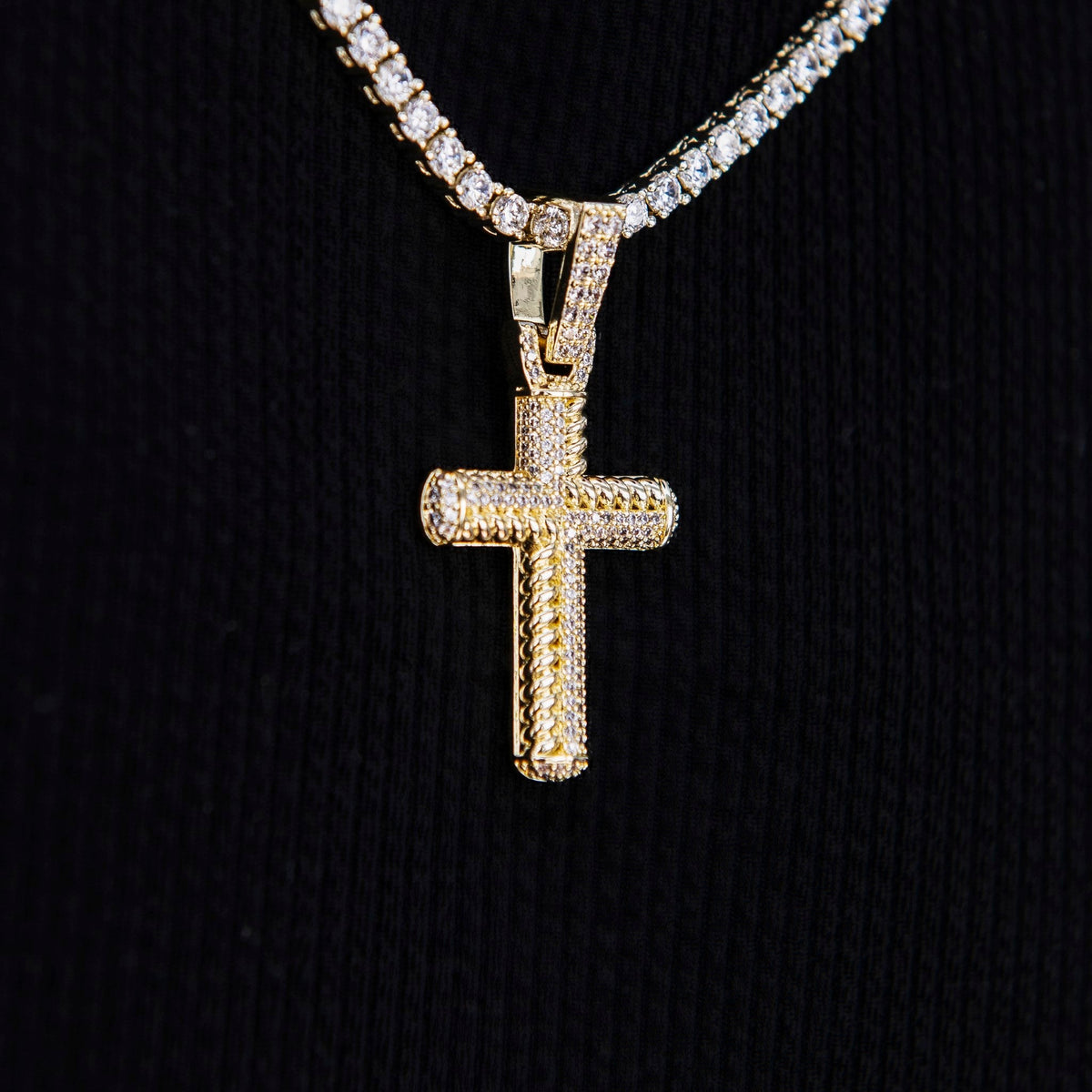 GLD Women Iced Rope Mix Cross Pendant in Yellow Gold