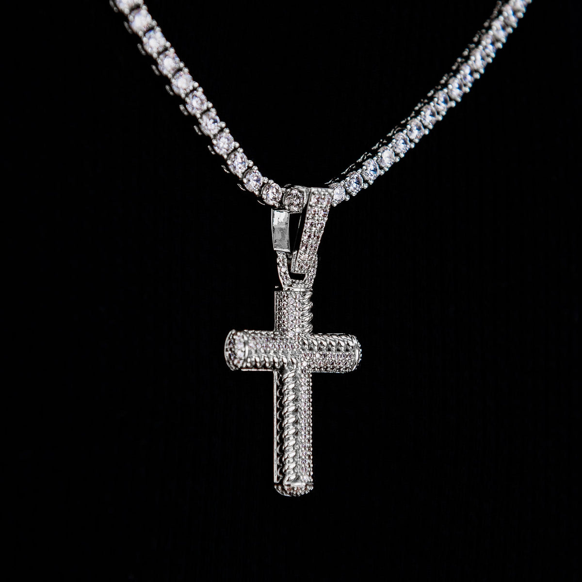 GLD Women Iced Rope Mix Cross Pendant in White Gold