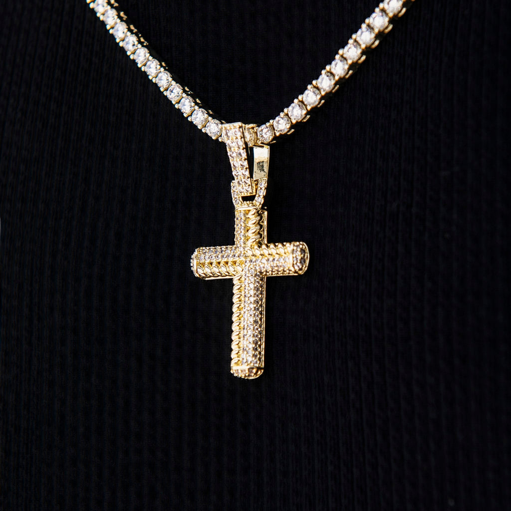 GLD Women Iced Rope Mix Cross Pendant in Yellow Gold