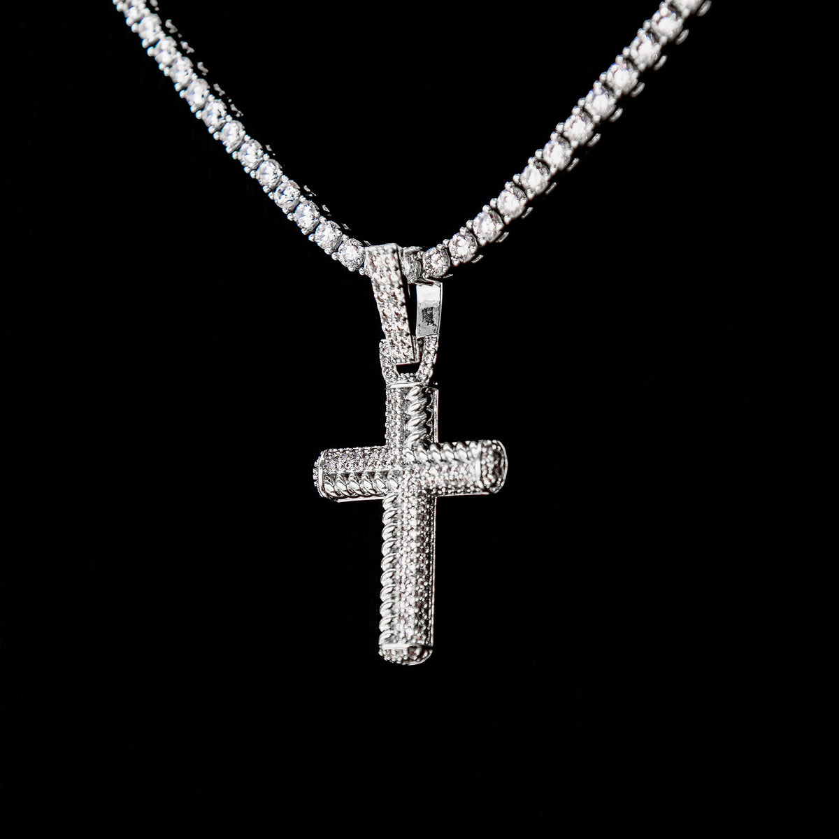 GLD Women Iced Rope Mix Cross Pendant in White Gold