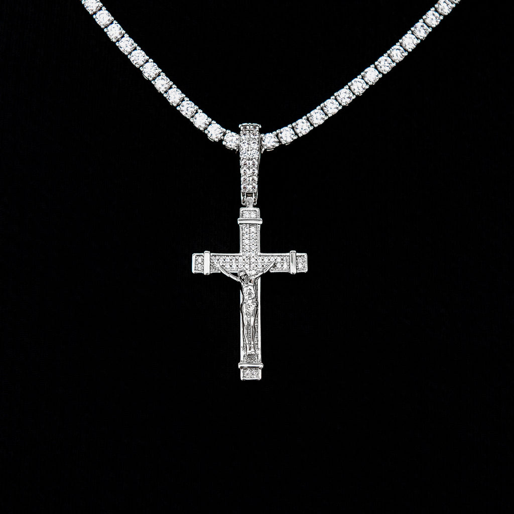 GLD Women Iced Flat Crucifix Cross Pendant in White Gold