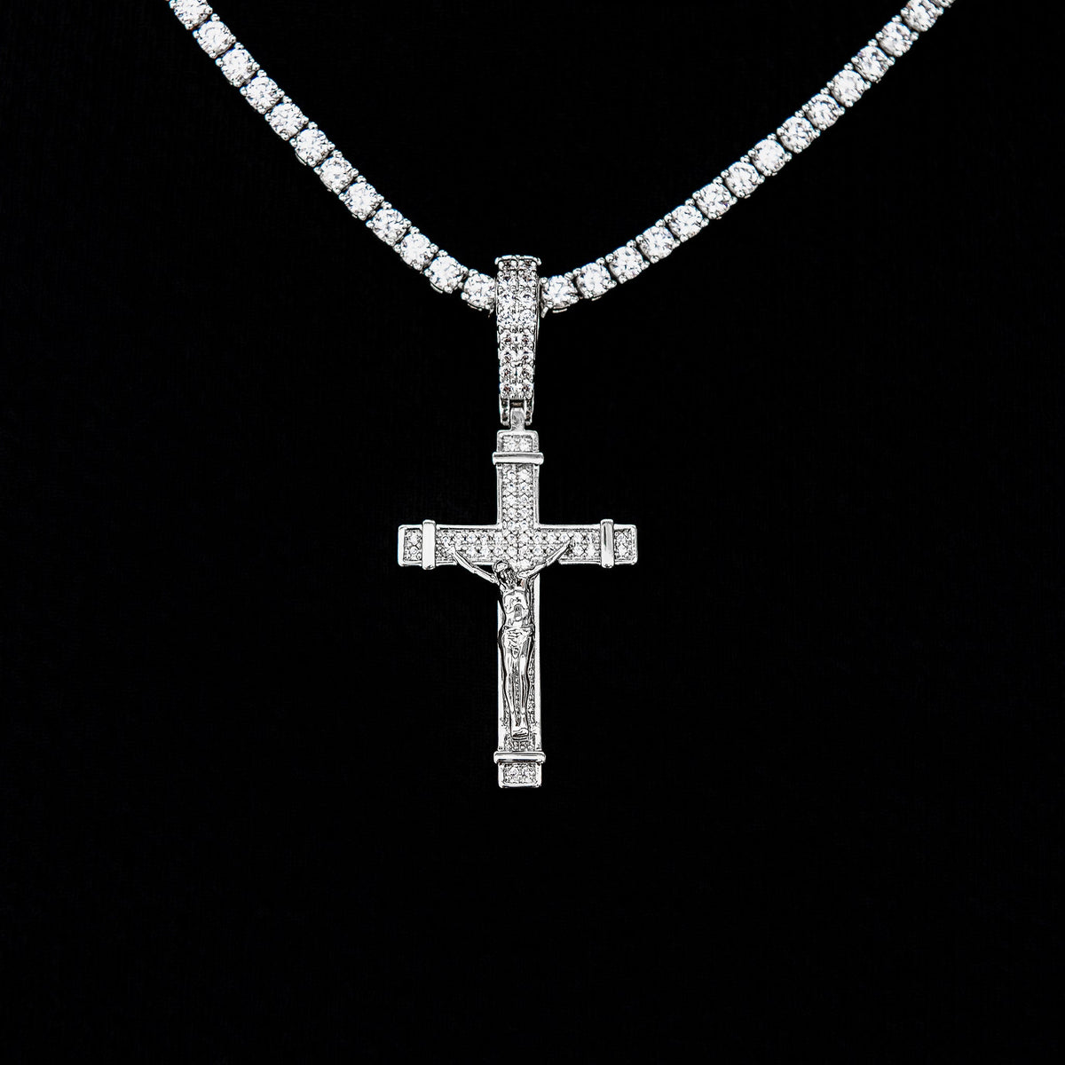 GLD Women Iced Flat Crucifix Cross Pendant in White Gold