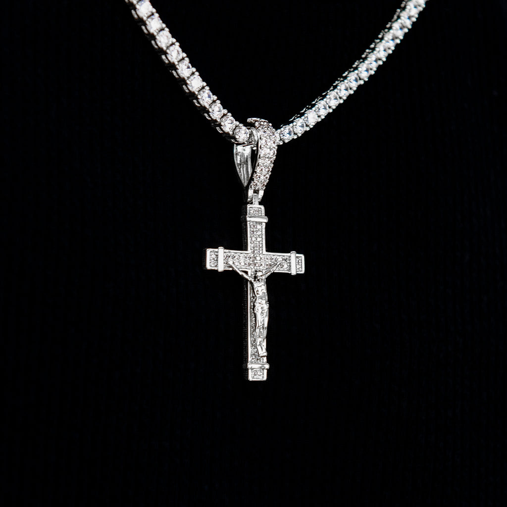 GLD Women Iced Flat Crucifix Cross Pendant in White Gold