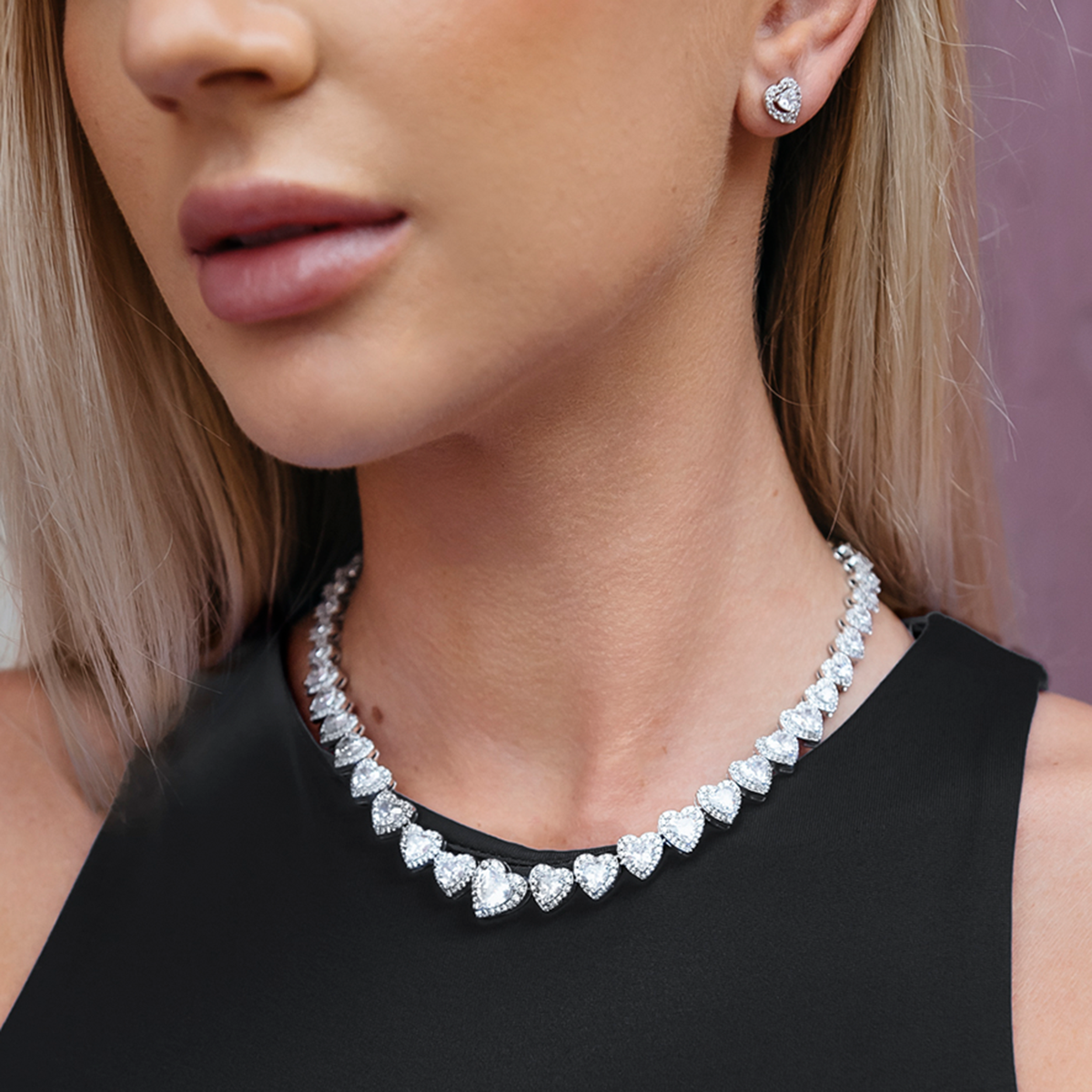 GLD Women Diamond Heart Cluster Necklace + Earrings Set