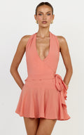 Cove Mini Dress - Halter Neck Backless Sash Detail Dress in Coral
