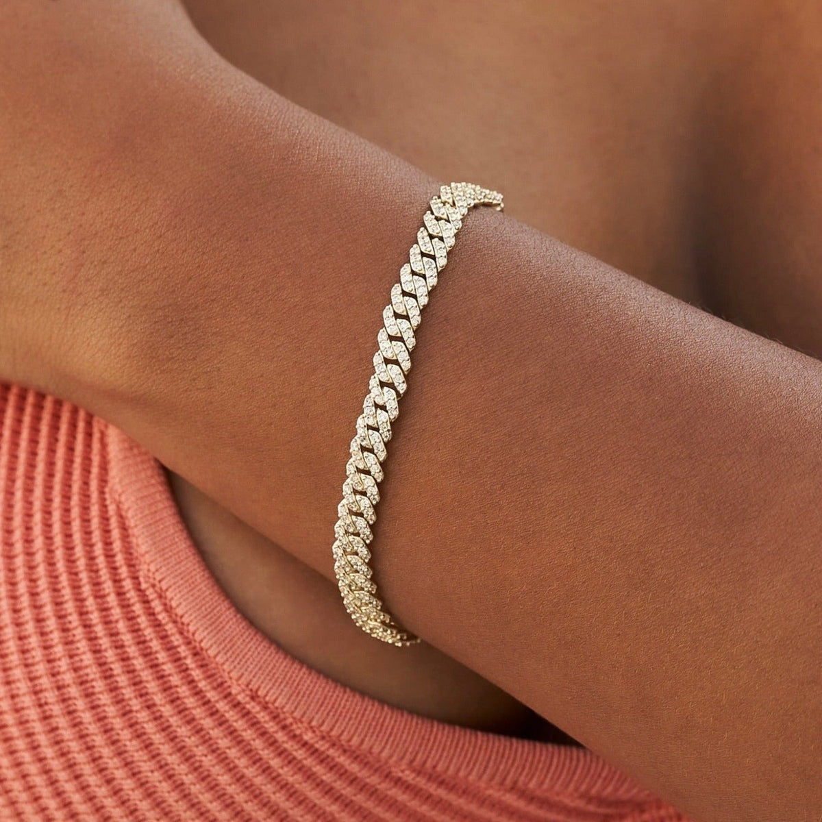GLD Women Micro Diamond Prong Cuban Bracelet in Yellow Gold - 6mm