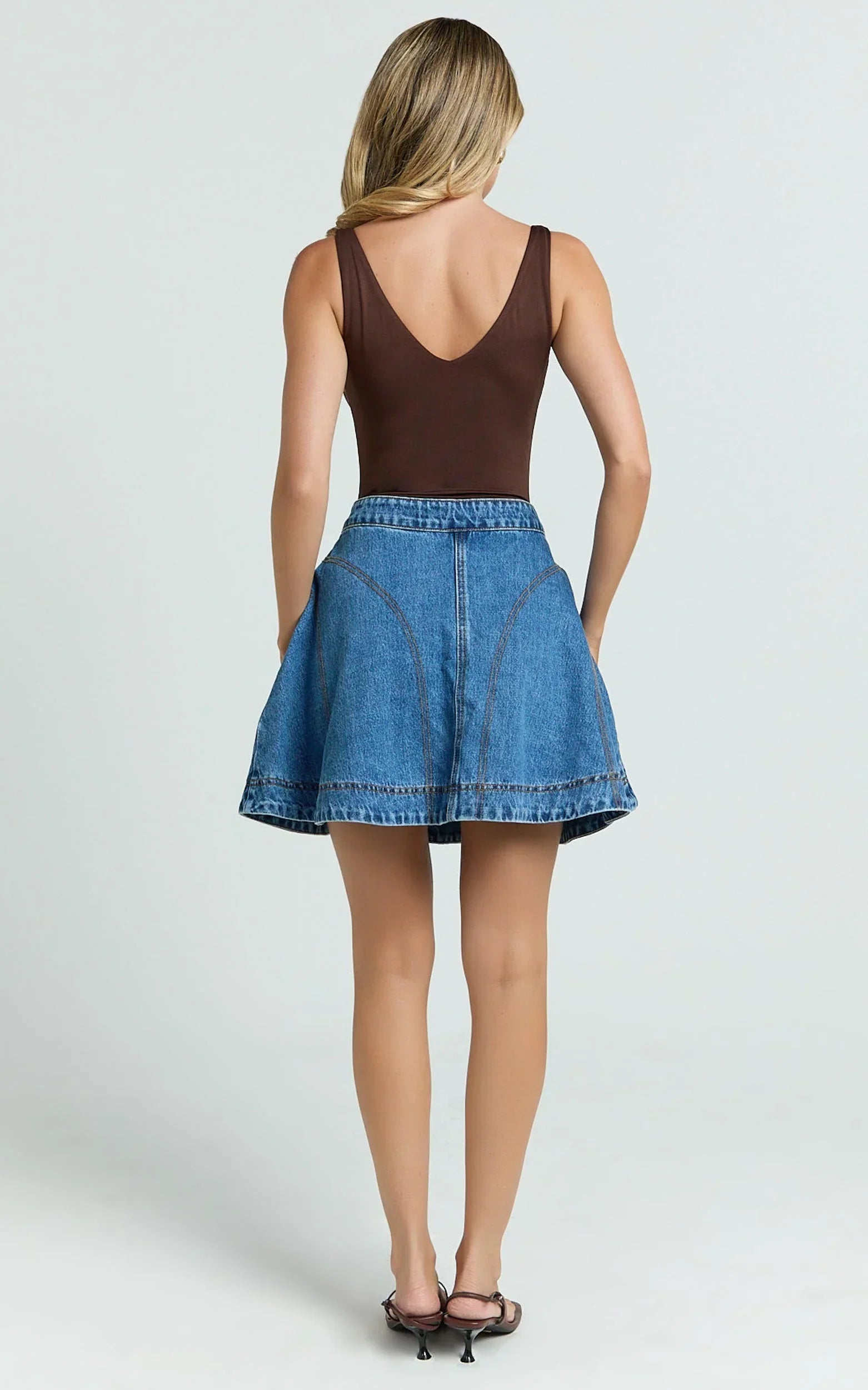Koemi Skirt - High Waisted Denim Flare in Mid Blue Wash