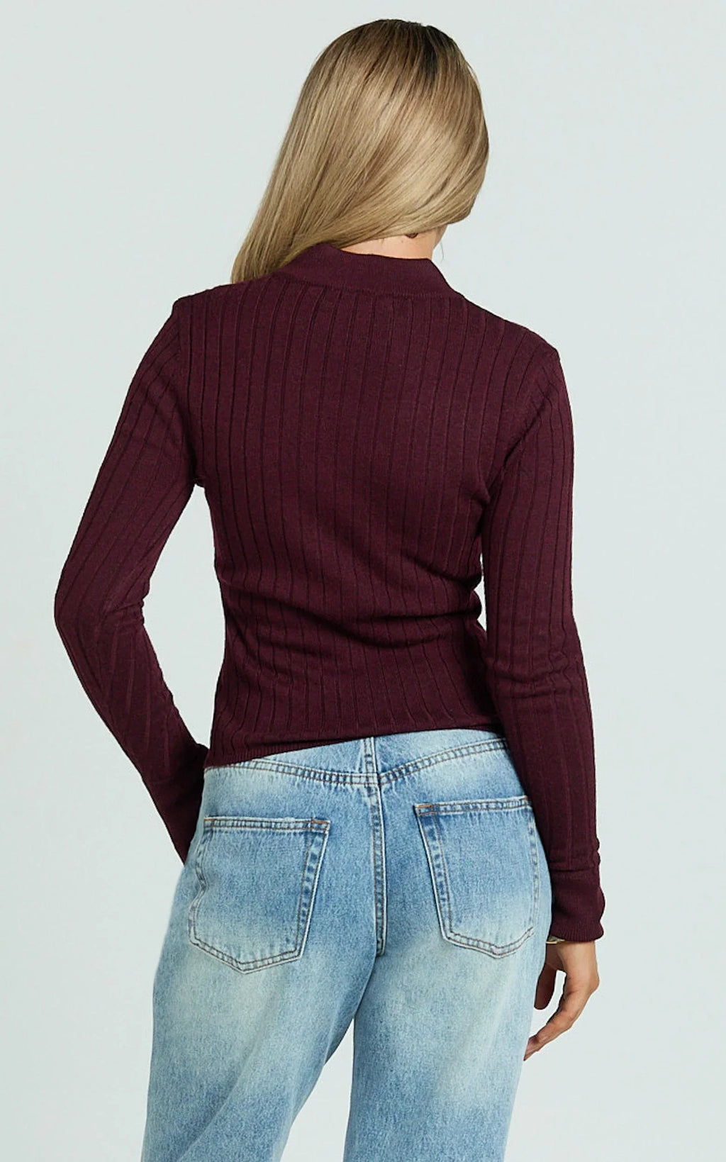 Jada Top - Double Zip Knitted Long Sleeve Top in Cherry Liqueur