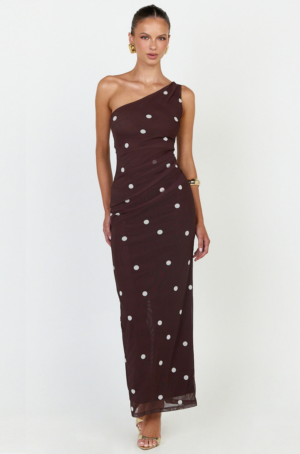 Criselda Maxi Dress - One Shoulder Maxi Dress in Chocolate Polkadot