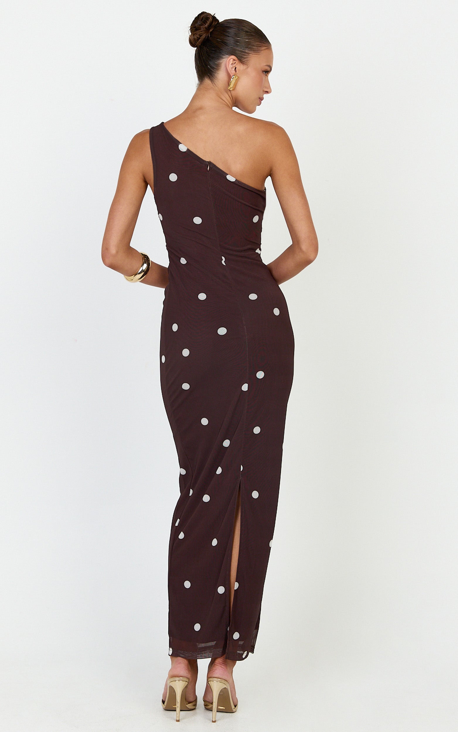 Criselda Maxi Dress - One Shoulder Maxi Dress in Chocolate Polkadot