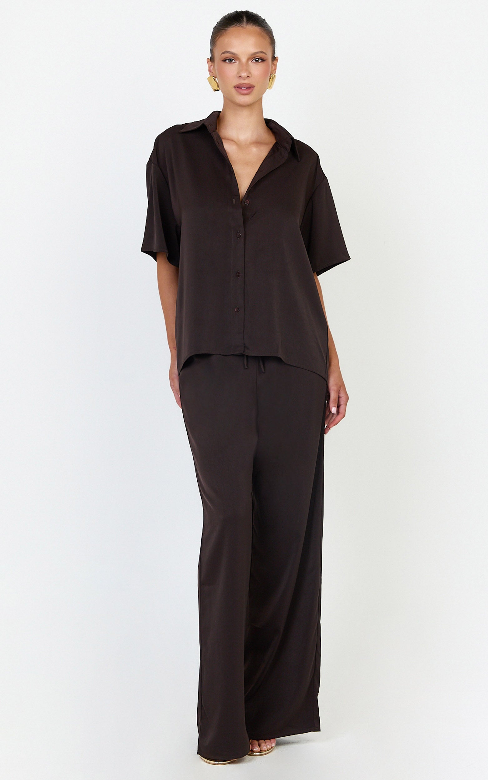 Robyn Pants - High Elastic Waist Relaxed Straight Leg Pants in Chocolate