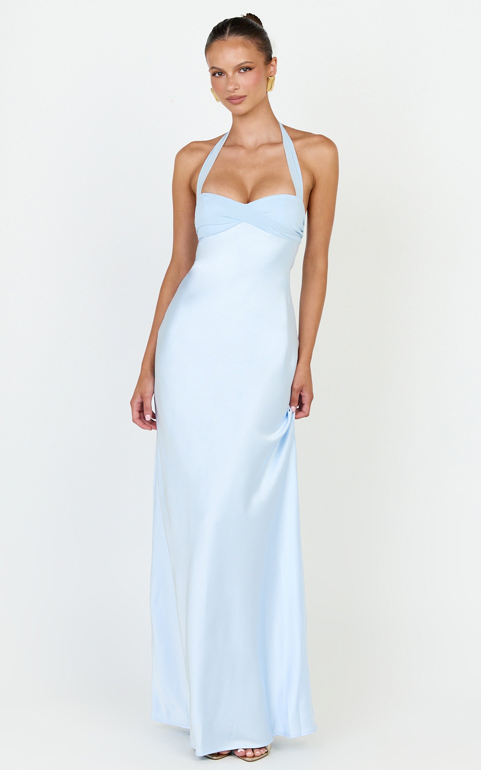 Flynn Maxi Dress - Satin Halter Sweetheart Neck Dress in Blue
