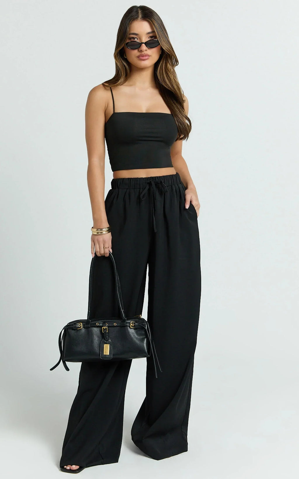 Nicole Pants - High Waist Elasticated Gathered Waist Wide Leg Pants in Black