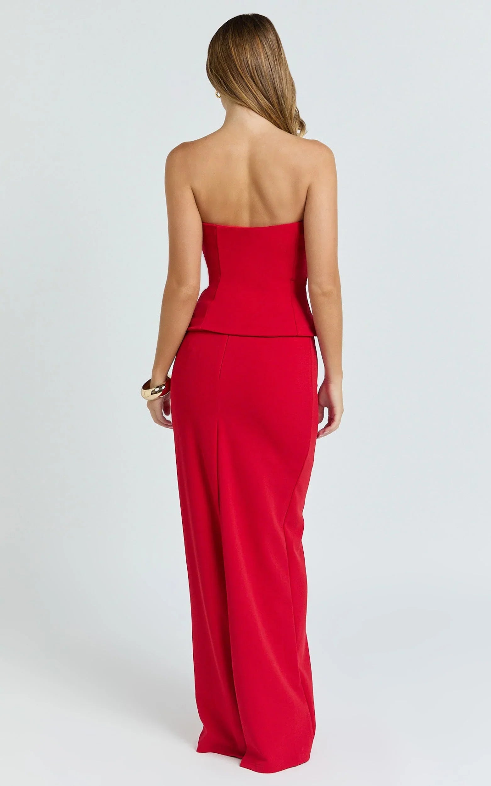 Anya Two Piece Top and Skirt Set - Strapless Fit And Flare Top And Maxi Skirt in Red
