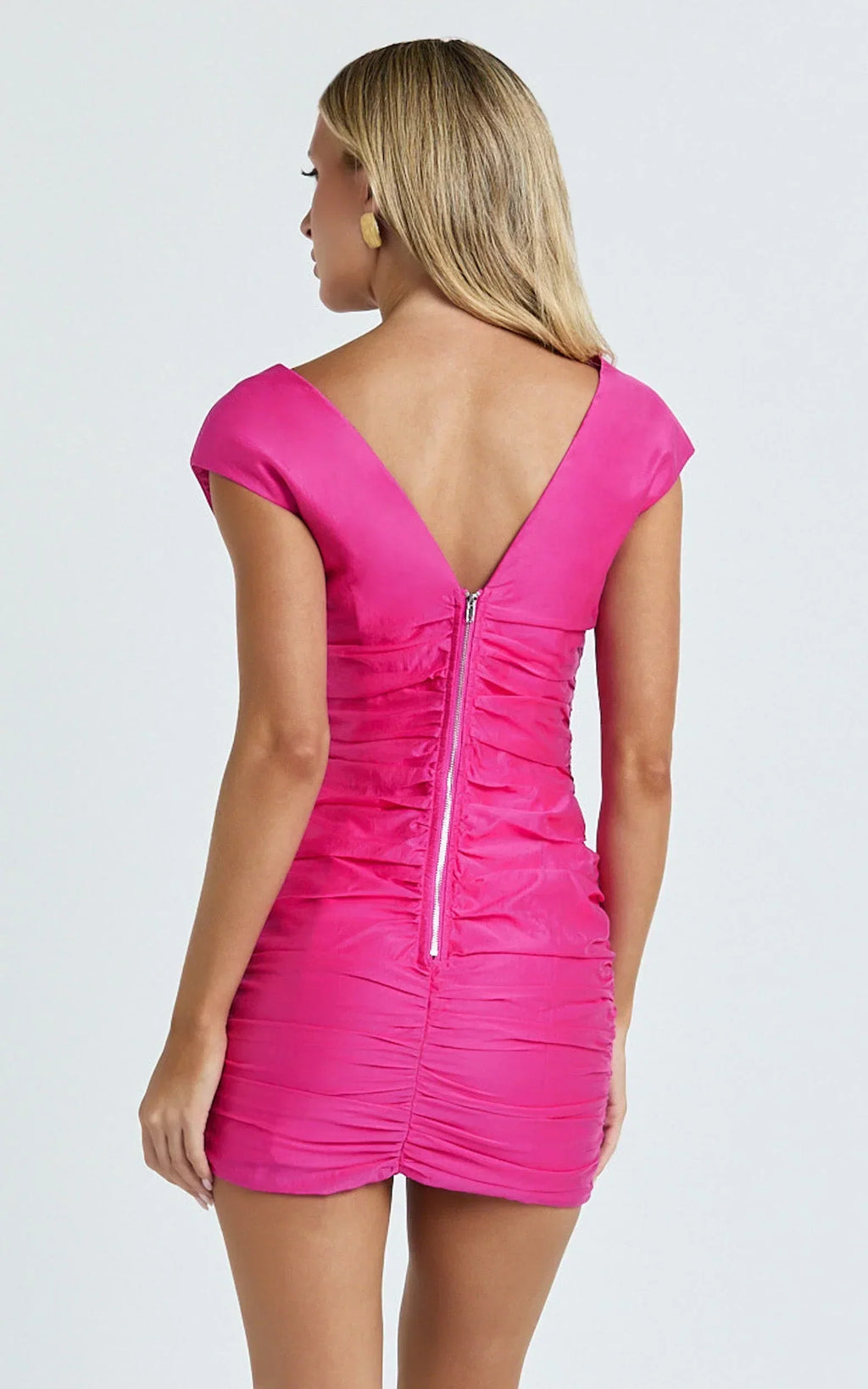 Janine Mini Dress - Gathered V Neck Dress in Pink