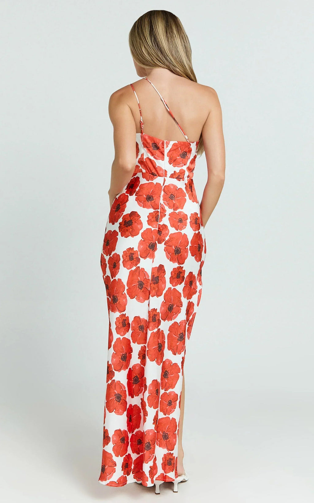 Maria Midi Dress - One Shoulder High Slip Leg in Red Floral