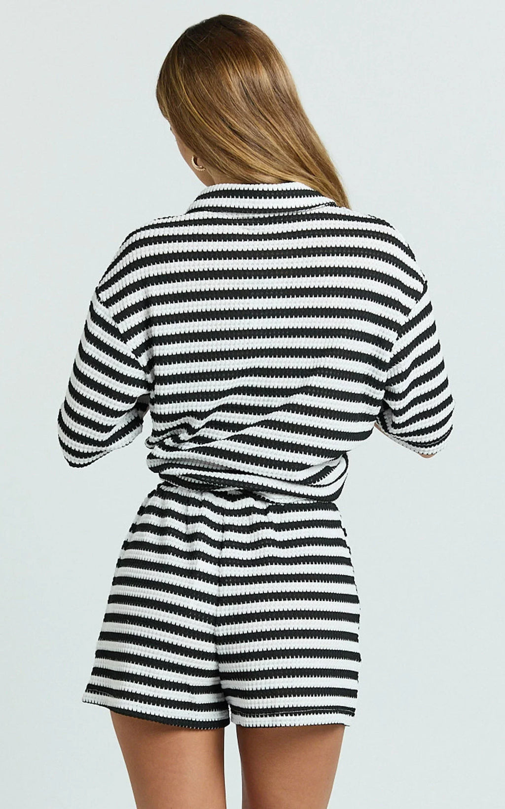 Brenda Short - Textured Stripe Short in White/Black Stripe