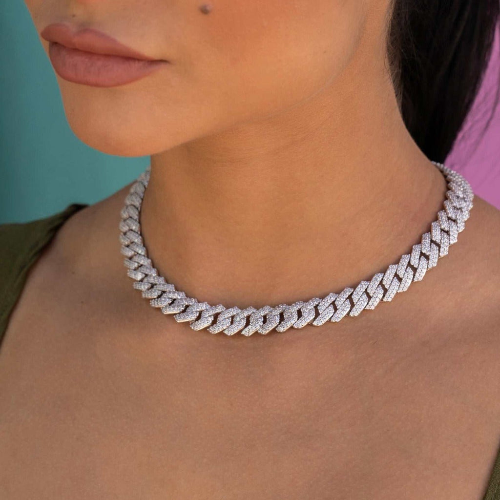GLD Women Diamond Prong Link Necklace in White Gold - 12mm