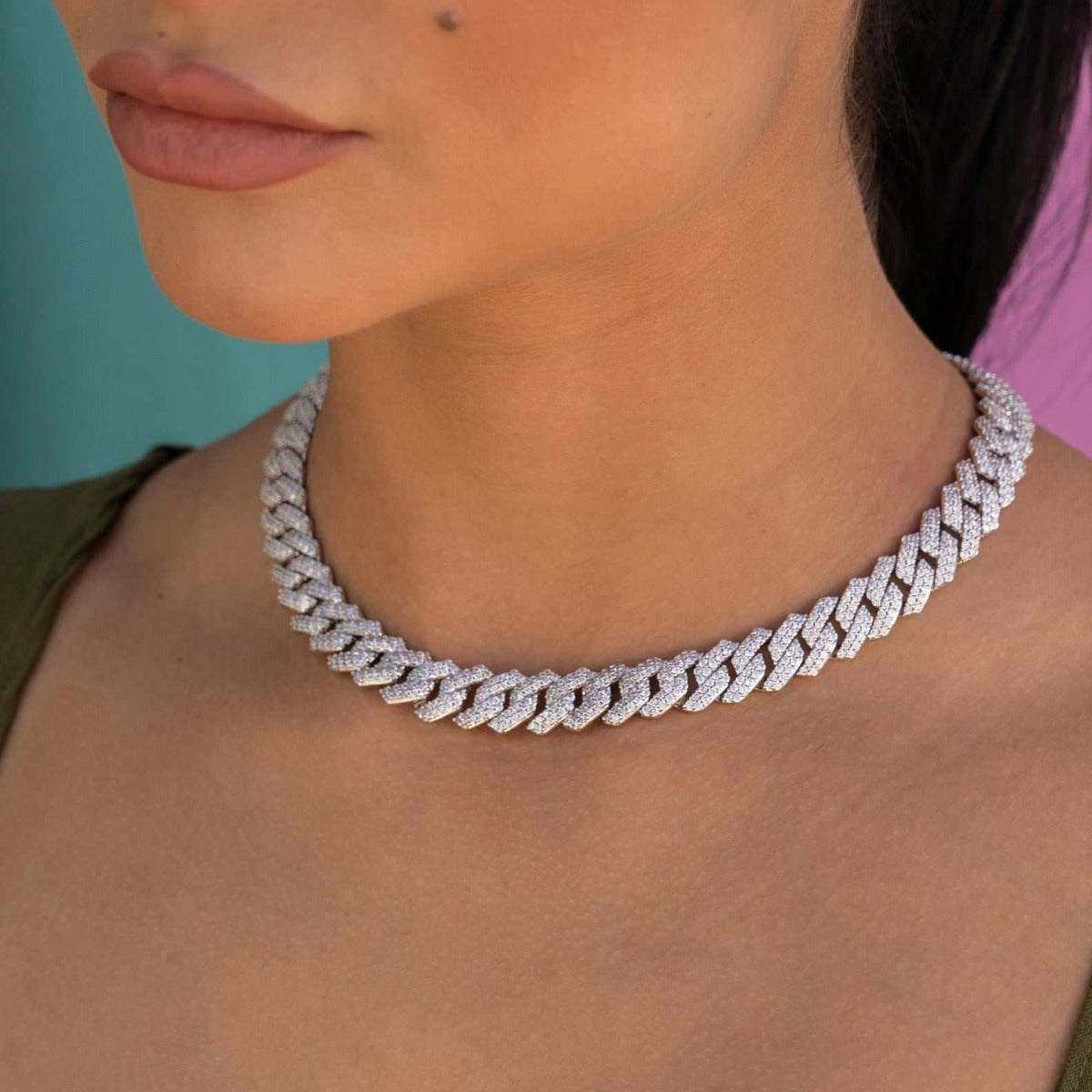 GLD PROMO - WOMEN Diamond Prong Link Necklace in White Gold - 12mm
