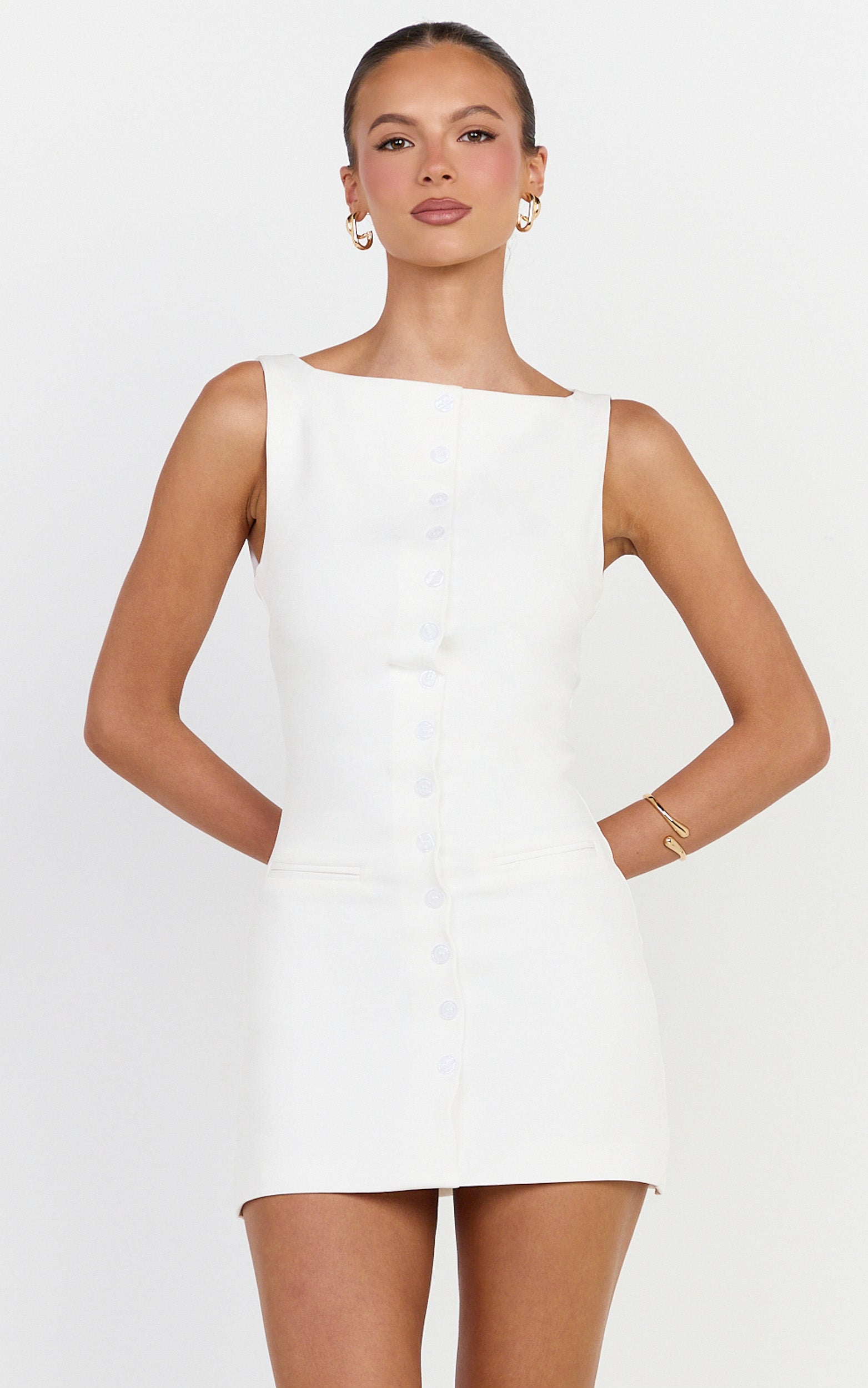 Adela Mini Dress - Mock Button Thru Boat Neck Dress in White