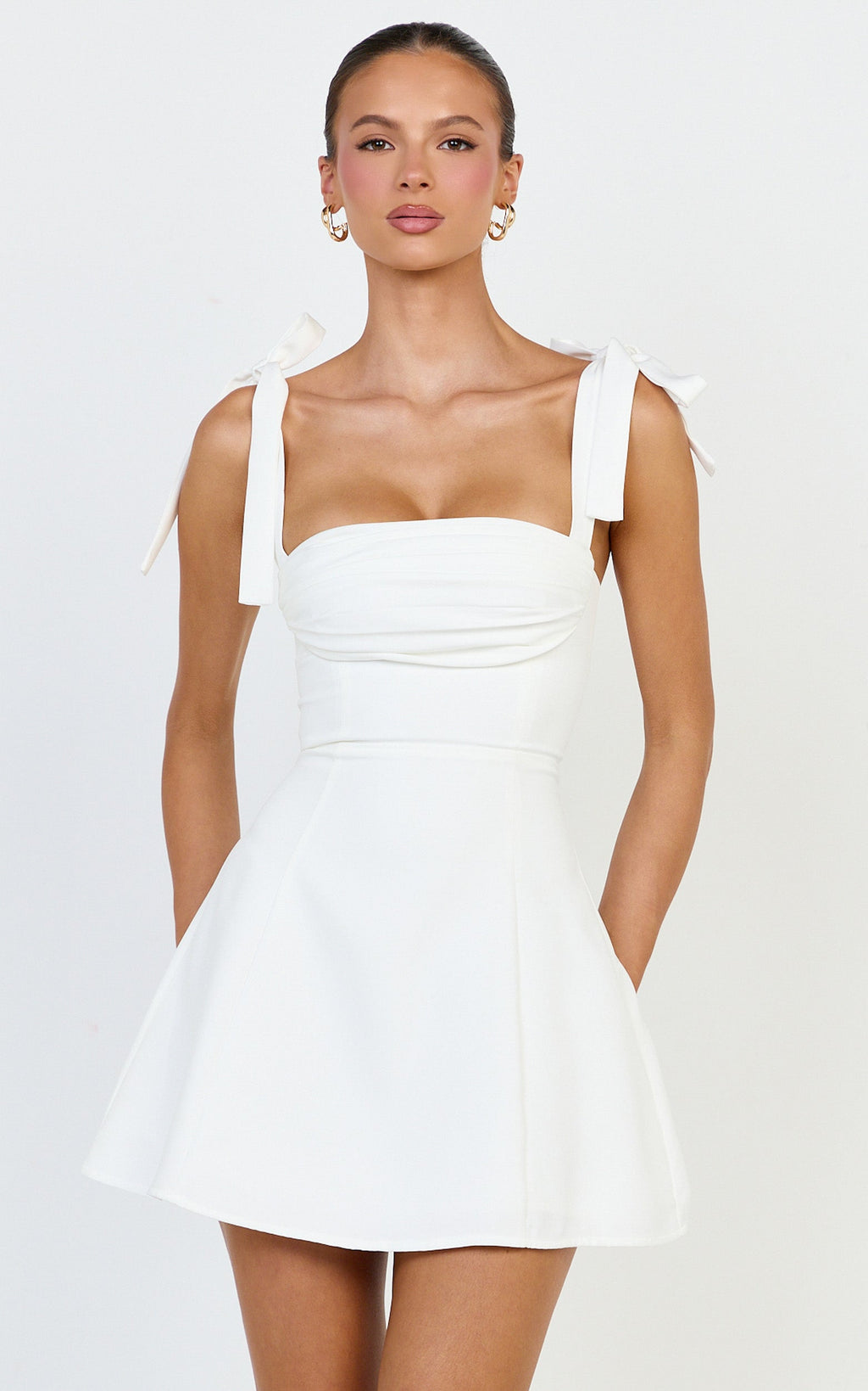 Inez Mini Dress - Gathered Bust A Line Shoulder Tie Dress in White