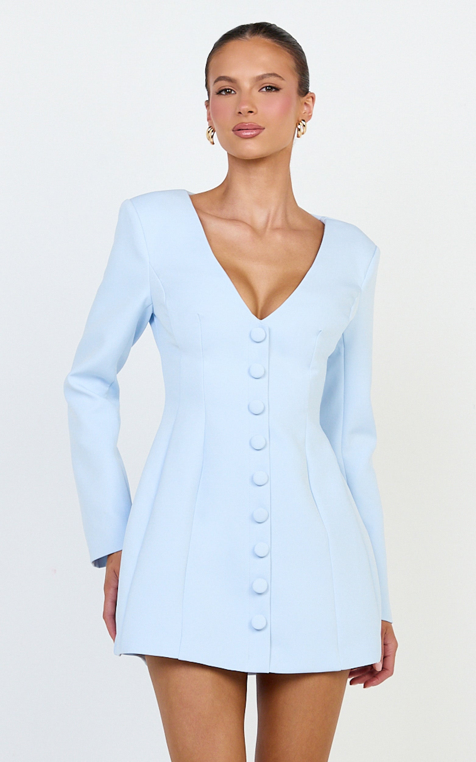 Lavender Mini Dress - Wide Neck Button Down Blazer Dress in Baby Blue
