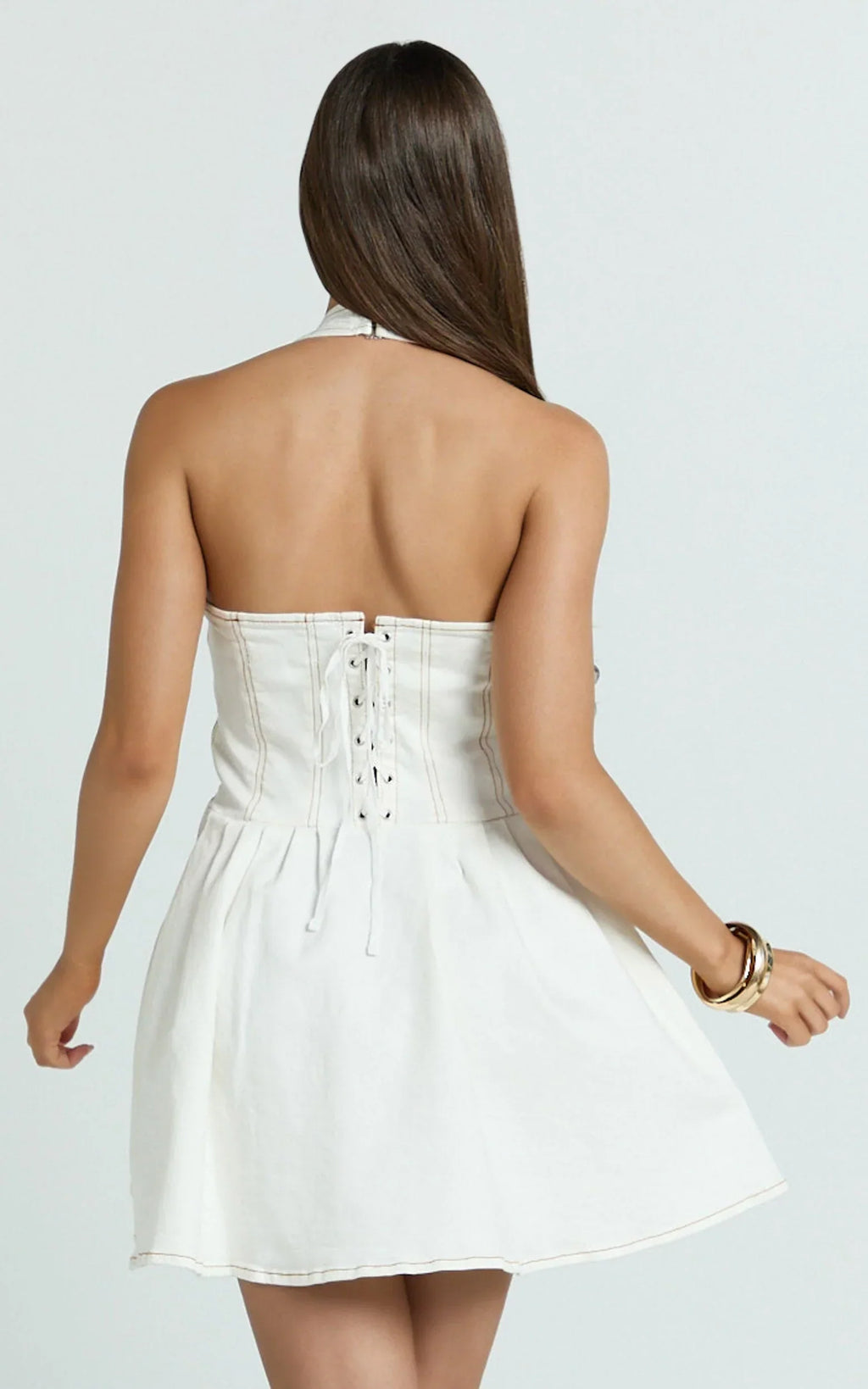 Hayes Mini Dress - Halter Neck Corset Bodice Dress in Cream Contrast Stitch